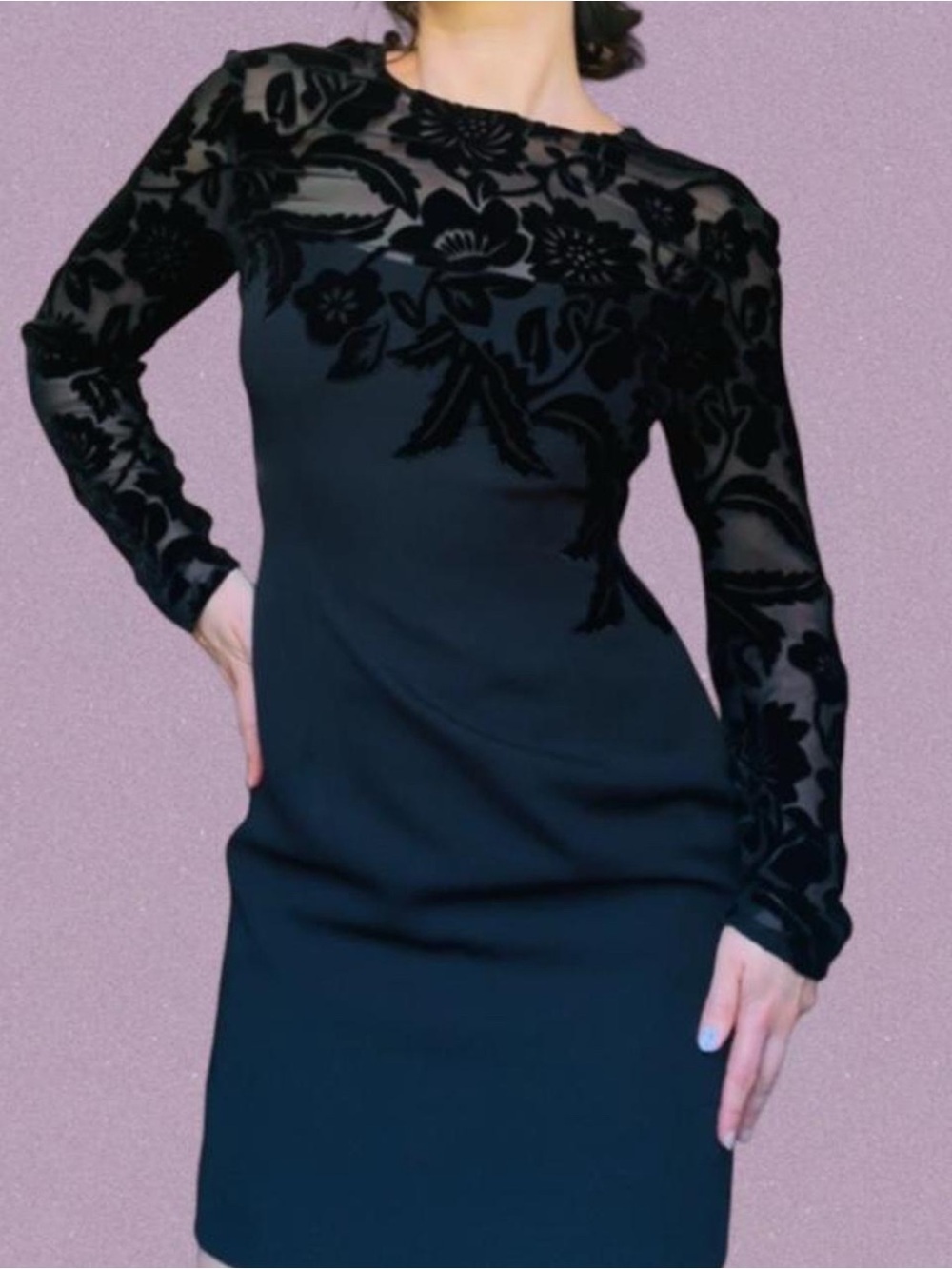 Vintage Black Floral Mesh Yoke Long Sleeve Sheath Dress